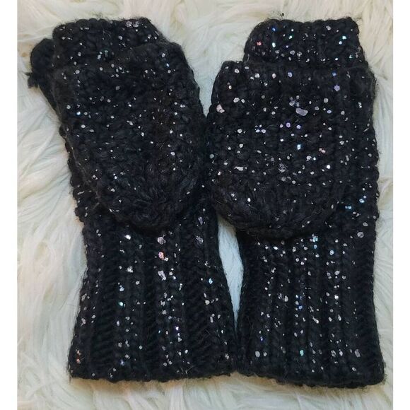 Old Navy Black Glitter Button Back Open Finger Mittens Acrylic Knit Child S-M Yo - Picture 1 of 7